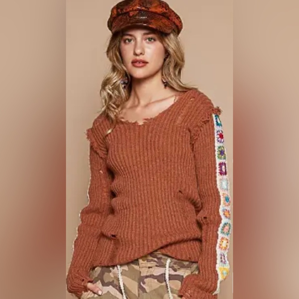POL Open Knit Distressed Sweater Crochet Granny Square Small NWT